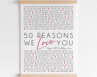 50 Reasons We Love You Personalised 50th Birthday Gift for Wife Husband Best Friend Coworker Sentimental Life Story Print [149]