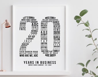 20 Year Company Anniversary Celebrations 20th Year in Business Businessversary History Number Word Cloud Print Framed Printable Mint Imprint