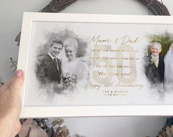 Then and Now Golden Wedding Anniversary Gift 50 Years 2 Watercolour B&W Wedding Photo Comparison Panoramic Frame, Personalised Wording [031]