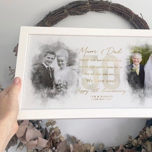 Then and Now Golden Wedding Anniversary Gift 50 Years 2 Watercolour B&W Wedding Photo Comparison Panoramic Frame, Personalised Wording 031 image 1