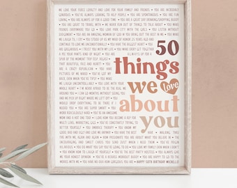 Personalized 50th Birthday Print: 50 Things We Love About You, Retro Neutral Decor