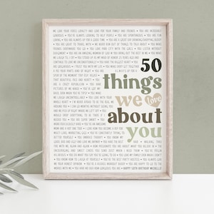 Regalo personalizzato per il 50° compleanno del migliore amico o della famiglia, incorniciato o stampabile 50 cose che amiamo di te Stampa artistica Ombre Greens 150r