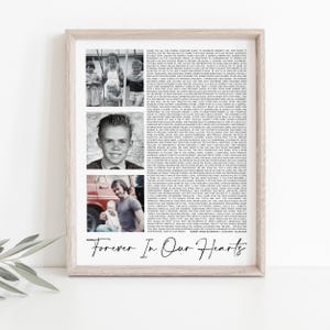Collage de fotografías conmemorativas y discurso fúnebre enmarcado o póster imprimible, recuerdo para siempre en nuestros corazones para un ser querido fallecido [104p]