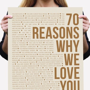 70 Reasons Why We Love You Heartfelt 70th Birthday Gift, Any Colour, Personalised Framed or Printable Seventy Memory Poster Sign [150]