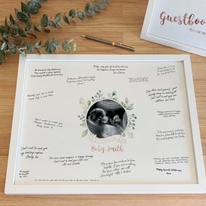 Decoraciones para baby shower, libro de visitas con ultrasonido en oro rosa, letrero enmarcado, tablero imprimible, recuerdo, ecografía, foto botánica, libro de visitas, juegos [314b]