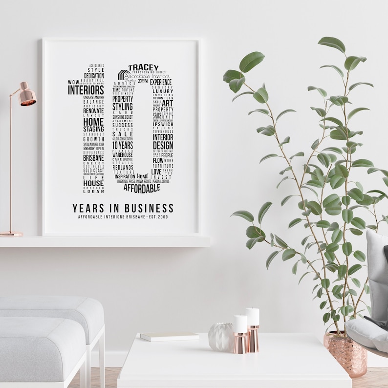 Framed 10th Business Anniversary Word Cloud Print on a wall shelf in an office