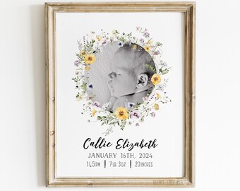 Baby Girl Birth Photo Gift with Name Weights Measures, Keepsake Poster for Newborn Girls, Personalised Printable or Framed Print [561]