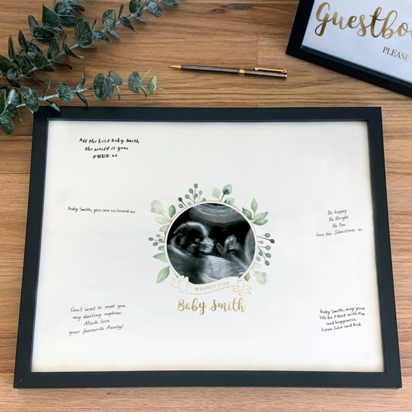 Baby Shower Guest Book Poster Ultrasound Sonogram Photo Sign Botanical Gold Guestbook Sign for Baby Shower Decorations [314b]