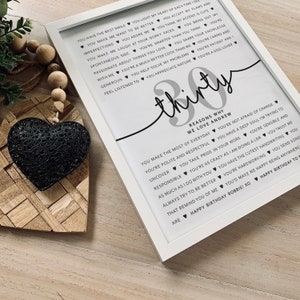 30 Reasons Why We Love You Birthday Sign 30th Gift Best Friend Sister Personalised Frame or Printable Thirty Poster Memory Keepsake [148]