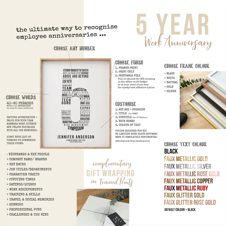 5 Year Work Anniversary Gift 5th Employee Service Award, Employment History Word Cloud Print Workiversary or Printable by Mint Imprint Bild 3