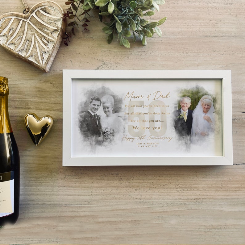 Then and Now Golden Wedding Anniversary Gift 50 Years 2 Watercolour B&W Wedding Photo Comparison Panoramic Frame, Personalised Wording 031 image 3