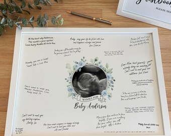 Bearbeitbares Babyparty-Mitteilungsplakat, blauer Blumensonogrammrahmen (digitaler Download)