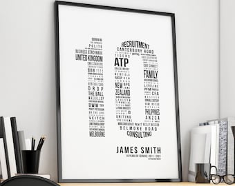 10 Year Work Anniversary Gift 10th Employee Service Award, Employment History Word Cloud Print Workiversary or Printable by Mint Imprint