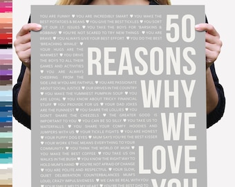 50 Reasons Why We Love You Heartfelt 50th Birthday Gift, Any Colour, Personalised Framed or Printable Fifty Memory Poster Sign [150]