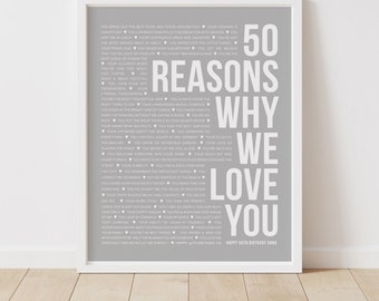 50 Reasons Why We Love You Heartfelt 50th Birthday Gift, Any Colour, Personalised Framed or Printable Fifty Memory Poster Sign [150]