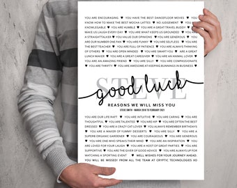 Good Luck Departing Gift for Colleague, Coworker Appreciation Personalised Retirement Gift, Employment Reasons We Will Miss You Print 148