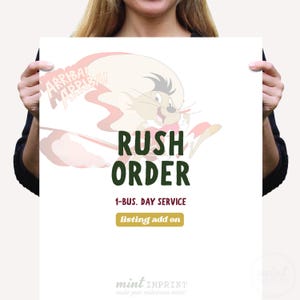 May include: White poster with the words "RUSH ORDER" in green, and "1-BUS. DAY SERVICE" in black. A cartoon character is in the background. The words "listing add on" are in a yellow box. The words "ARRIBA!" are in the top left corner.