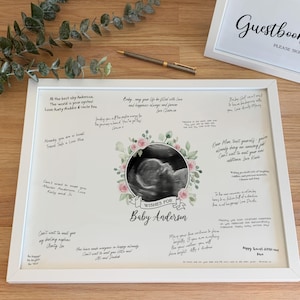 Baby Shower Guest Book Poster Ultrasound, Pink Floral Wreath Circle Sonogram Photo Scan (Editable)