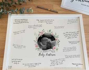Baby Shower Guest Book Poster Ultrasound, Pink Floral Wreath Circle Sonogram Photo Scan (Editable)
