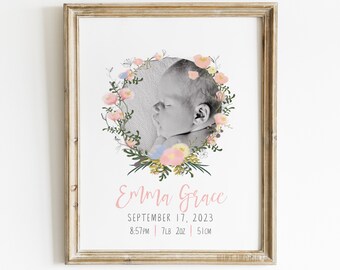 Pink Floral Baby Photo and Birth Details Name Print, Framed and Gift Wrapped or Printable Personalised Gift for Newborn Baby Girl [502]