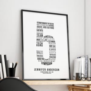 5 Year Work Anniversary Gift 5th Employee Service Award, Employment History Word Cloud Print Workiversary or Printable by Mint Imprint