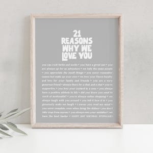 Aangepast 21e cadeau, 21 redenen waarom we van je houden verjaardagsbord ingelijst of afgedrukt, sentimentele herinnering afdrukken vrouw zus beste vriend collega [152]