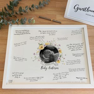 Baby-Gästebuch Sonogramm Poster, gelbe Blumen im Aquarell-Design für die Babyparty, neutrale Dekoration [314ws]