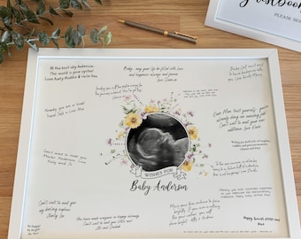 Bearbeitbare Sonogramm-Gästebuch Alternative | Blumenkranz-Baby-Wünsche-Schild (druckbare Vorlage)