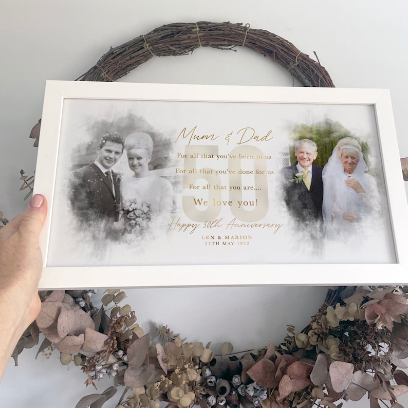 Then and Now Golden Wedding Anniversary Gift 50 Years 2 Watercolour B&W Wedding Photo Comparison Panoramic Frame, Personalised Wording 031 image 1