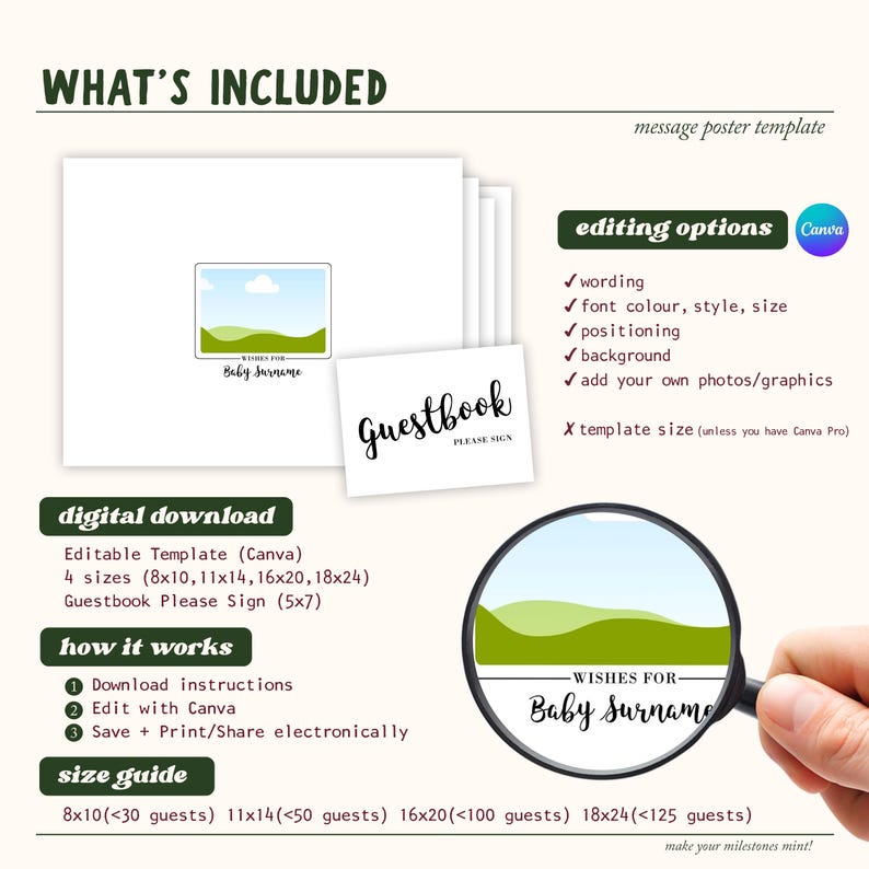 May include: A digital download template for a baby shower. The image includes a guestbook sign and a message poster template. Editing options include wording, font, and background. Available in 4 sizes: 8x10, 11x14, 16x20, and 18x24 inches.