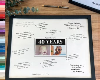 40th Birthday Party Decorations, Photo Guest Book Signing Frame Then And Now 40 Year Old Comparison, Personalised Memory Board Forty [313]