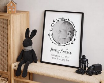 Personalized Baby Boy Birth Stats Print | Black Wreath Sentimental Keepsake (Editable Template)