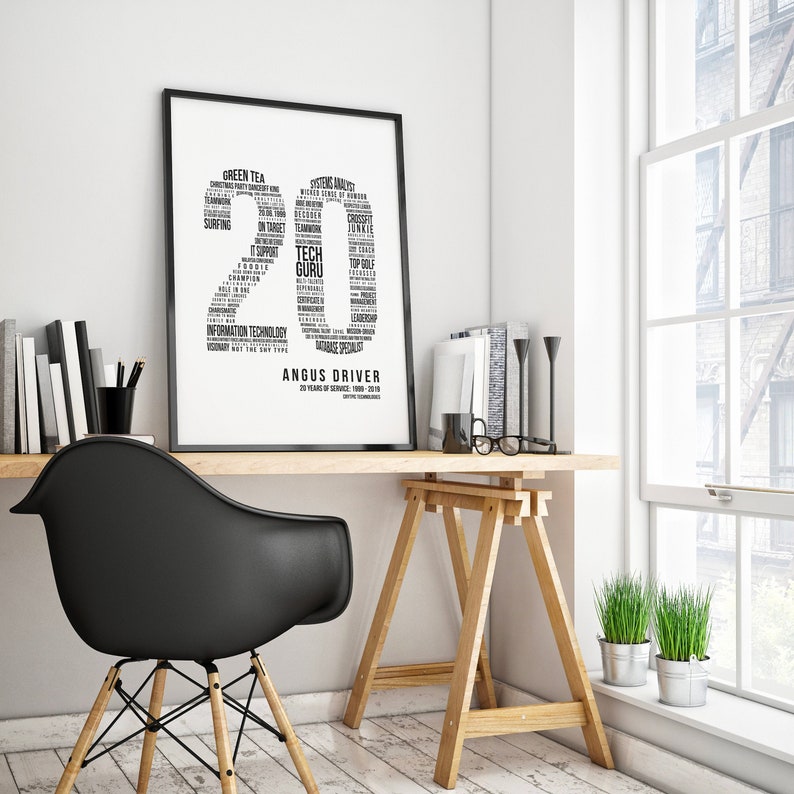 Mint Imprint 20th Work Anniversary Gift for 20 Years Service, Modern Black and White Text, Personalised Word Cloud, Custom Graphic Design Service