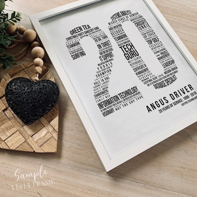 20 Year Work Anniversary Gift 20th Employee Service Award Employment History Word Cloud Print Workiversary or Printable by Mint Imprint image 6