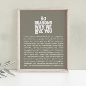 Benutzerdefinierte 30. Geschenk, 30 Gründe, warum wir dich lieben Geburtstag Zeichen gerahmt oder Druck, Sentimental Erinnerungsdruck Frau Schwester Bester Freund Kollege [152]