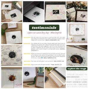 May include: A collage of framed baby shower guest books and prints, featuring ultrasound images and floral accents. Some prints include guest signatures. The text "Baby" and "Guestbook" are visible.