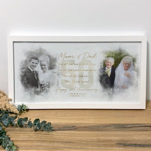 Then and Now Golden Wedding Anniversary Gift 50 Years 2 Watercolour B&W Wedding Photo Comparison Panoramic Frame, Personalised Wording 031 image 7