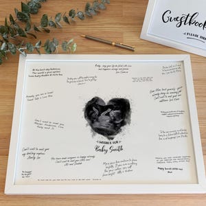 Libro de firmas con foto de ultrasonido en forma de corazón para invitados a baby shower, con efecto de acuarela, imprimible o enmarcado [317]