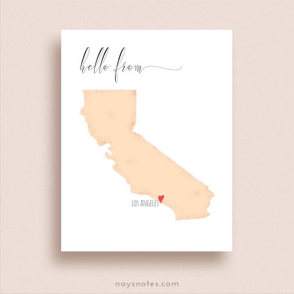 California Map Note Cards - Heart on ANY CITY, Town or Place - Folded Note Cards - California Stationery - State Map Note Cards