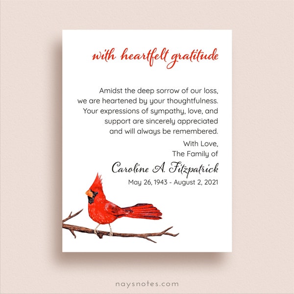 Cardinal Note Cards - Funeral Thank You Notes - Sympathy Acknowledgement Cards - Cardinal Thank You Cards - Flat Note Cards