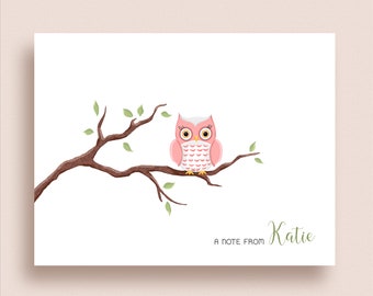 Owl Folded Note Cards - Pink Owl Note - Owl Note - Personalized Owl Stationery - Owl Thank You Notes - Animal Note Cards