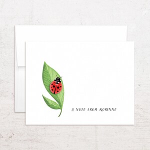 May include: A white card with a watercolor illustration of a ladybug on a green leaf. The ladybug is red with black spots. The text "A note from Korinne" is written in black script.