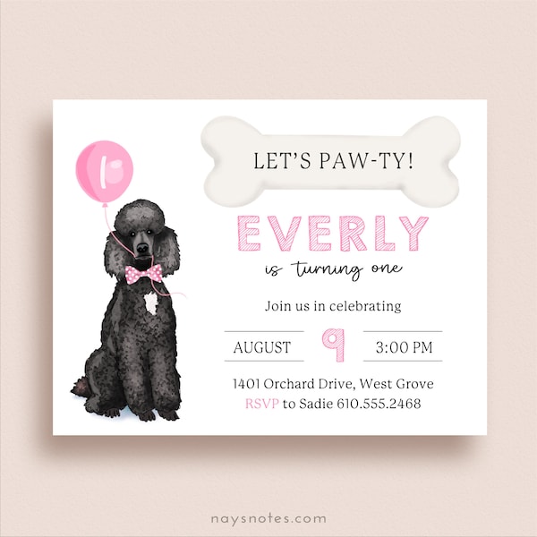 Poodle Invitations - Dog Birthday Party - Puppy Party Invitations - Let's Pawty - Custom Color - Printed Invitations