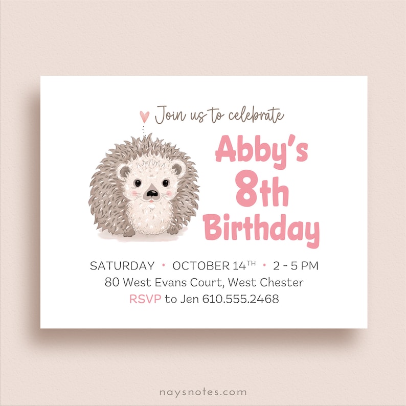 Hedgehog Invitations Hedgehog Birthday Party Sweet and Simple Invitations Any Age Custom Color Printed Invitations image 1