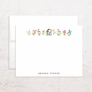 Watercolor Floral Monogram Note Cards - Custom Stationery - Whimsical Single Letter Initial - Flat Notes