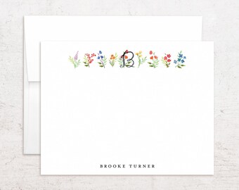 Watercolor Floral Monogram Note Cards - Custom Stationery - Whimsical Single Letter Initial - Flat Notes