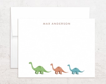 Tarjetas de notas de dinosaurios - Papelería personalizada con trío de dinosaurios - Notas planas