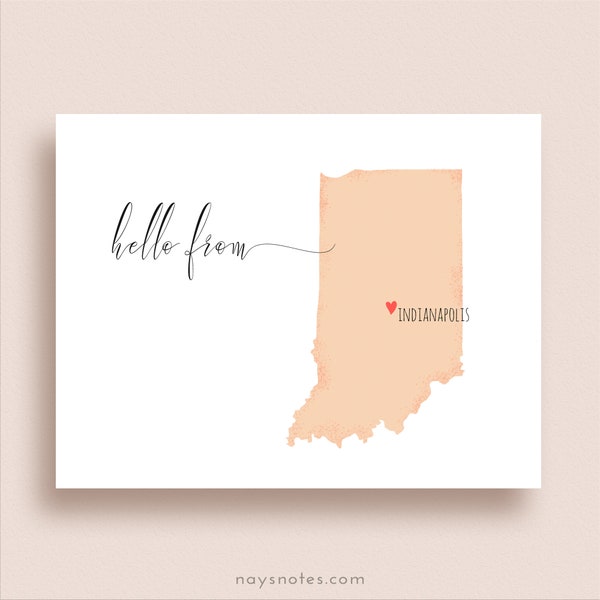 Indiana Map Note Cards - Heart on ANY CITY, Town or Place - Folded Note Cards - Indiana Stationery - State Map Note Cards