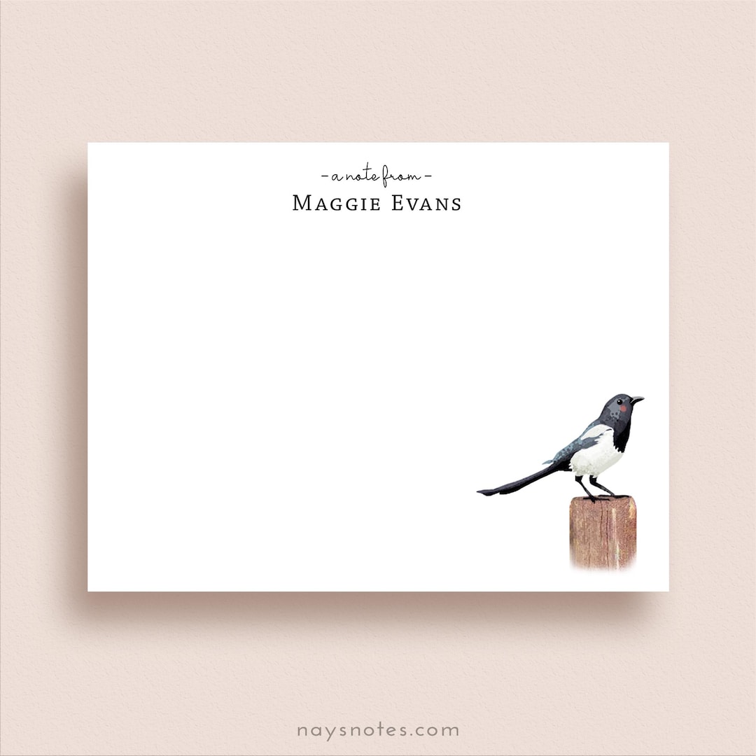 Magpie Note Cards - Flat Note Card Set - Personalized Magpie Stationery ...