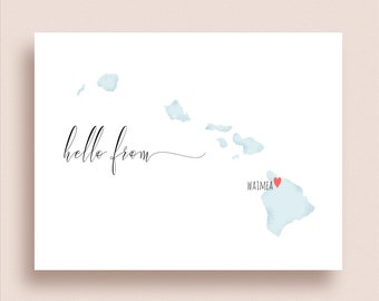 Hawaii Map Note Cards - Folded Note Cards - Hawaii Stationery - Map Thank You Notes - State Map Note Cards - Any Hawaii City